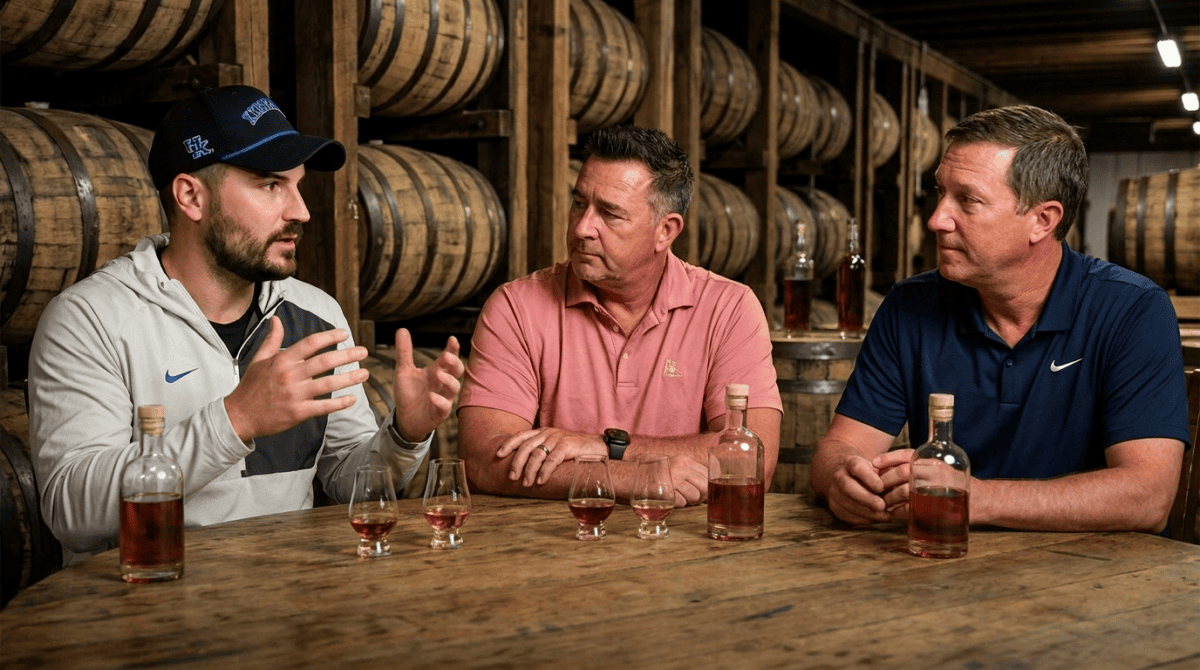 Three guys sitting at the table talking