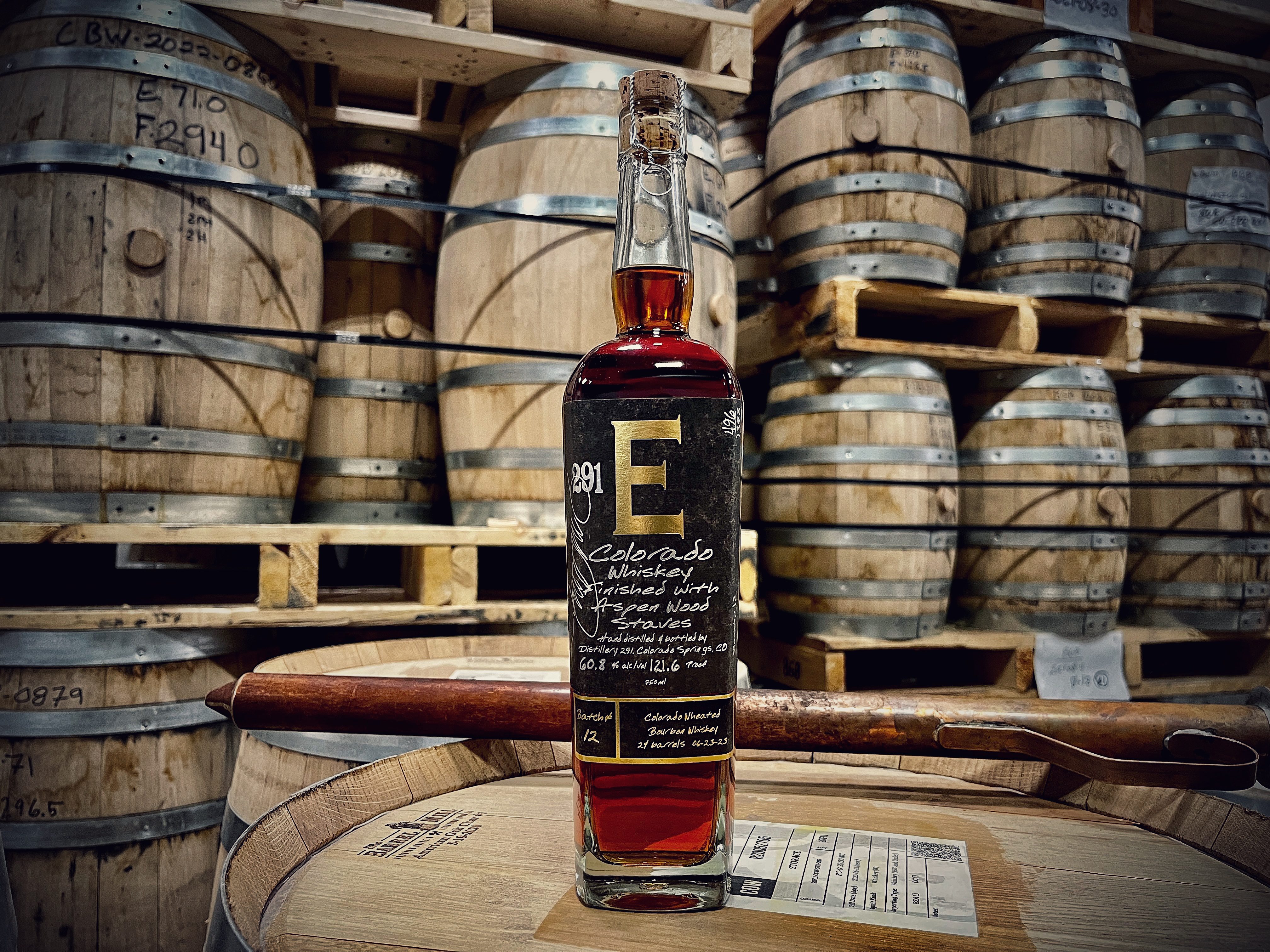 Bottle of Bourbon Whiskey in Colorado barrel house.