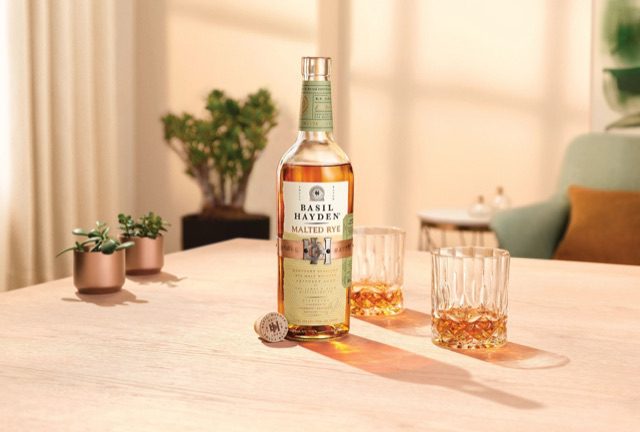 Basil Hayden Malted Rye Whiskey with rocks glasses.