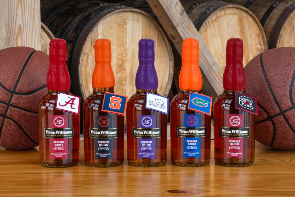 Five bottles of Evan Williams promoting Colleges across the country.